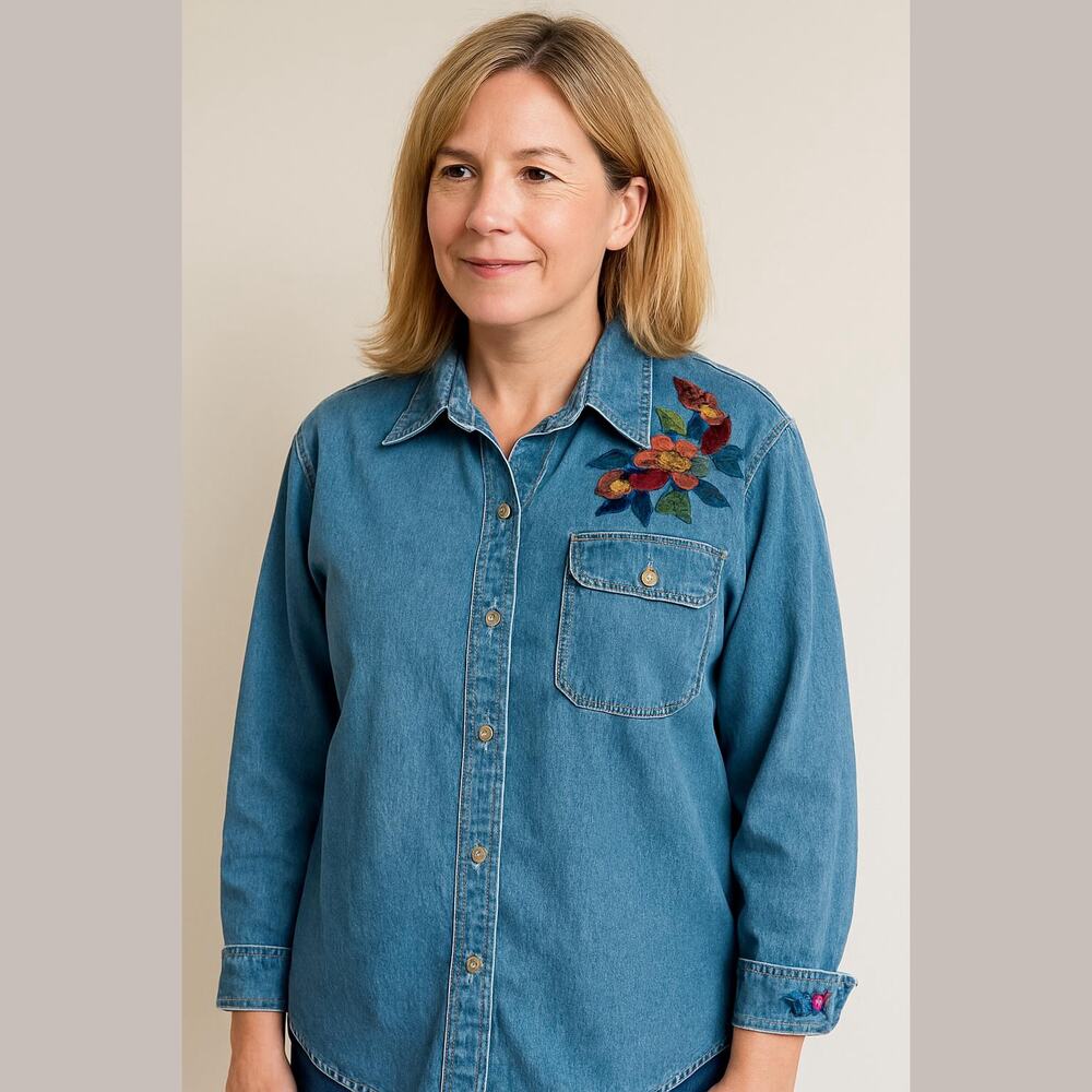 VINTAGE TAPE MEASURE Blue Denim Patchwork Ribbon Button Up Jean Shirt Jacket M